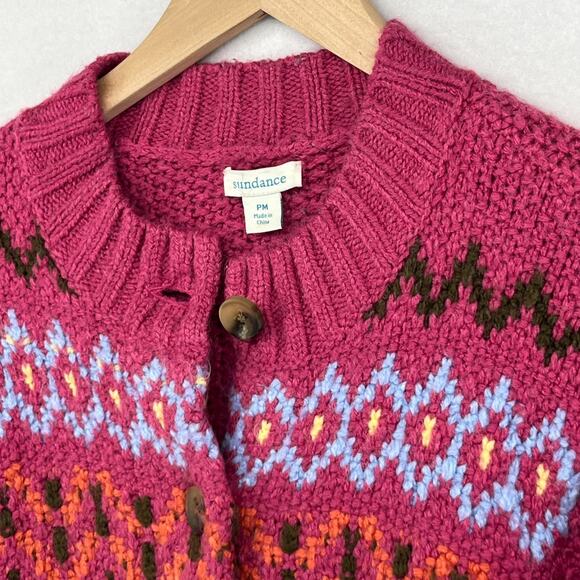 SUNDANCE Sweater PM Petite Fair Isle Thermal Cardigan Button Up Wool Blend Pink - Picture 8 of 16